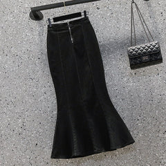 Ruffled High-Waist Denim Midi Skirt