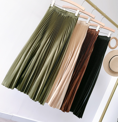 Pleated High-Waist Satin Midi Skirt for Women (One Piece)