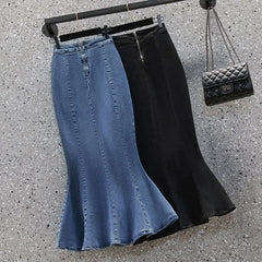 Ruffled High-Waist Denim Midi Skirt