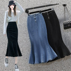 Ruffled High-Waist Denim Midi Skirt